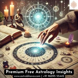 A detailed astrological birth chart being consulted with planetary symbols, surrounded by spiritual elements like crystals and candles, representing astrological guidance and insight.