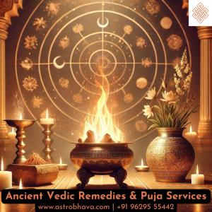 A serene depiction of a Vedic Homa (fire ritual) in progress, with glowing flames, sacred offerings, and a spiritual atmosphere symbolizing ancient rituals and planetary influence.