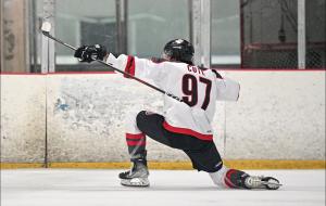 Captain Cam Cote celebrates scoring the game-winning goal for the Ventura Vikings during a USPHL match.