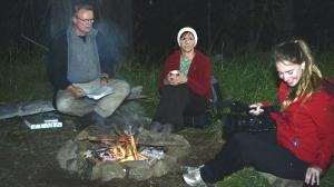 This is a photograph of Tom Monson, Diana Chohran, and Kate Skudstad getting ready for a 3:00 am shoot.  Found Bigfoot