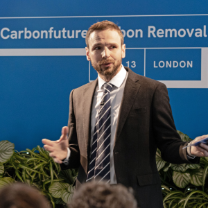 Carbonfuture CEO Hannes Junginger-Gestrich speaking at the Carbonfuture Carbon Removal Summit in London on June 13, 2024