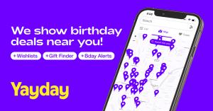 This image shows the Yayday app - Find birthday freebies near you instantly! Over 200,000 across the USA