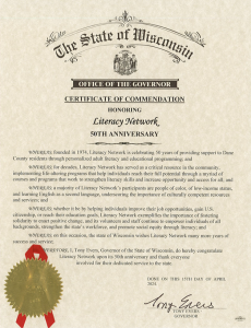 Certificate of Commendation from the Office of the Governor, honoring Literacy Network's 50 years of support to Dane County.