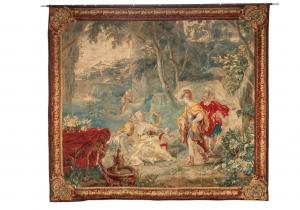 French late 19th century mythological scene tapestry depicting two gentlemen in uniform – possibly Aristotle and Alexander the Great – greeting maidens in a landscape while Cupid looks on ($5,748).