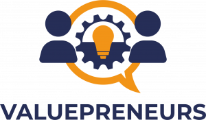 Valuepreneurs logo depicting collaboration between entrepreneur and customer—sharing ideas (light bulb) and creating solutions (gear) within a dialogue bubble, symbolizing value-driven innovation through collaboration..