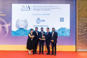 The future of Hari Krishna Exports: Second-generation leaders Hitarth, Rajesh, and Brijesh Dholakia honoured at the Hong Kong Trade Show by JWA.