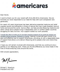 Americares CEO and President Michael J. Nyenhuis appreciates and thanks SubscriberWise for its support