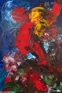 "Abstract encaustic painting with vibrant red, yellow, blue, and green colors swirling together, suggesting chaotic and dynamic movement. The artwork features bold brushstrokes and layered textures, creating an expressive and intense visual composition."