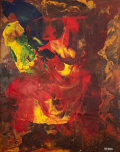 "Abstract encaustic painting with swirling fiery reds, deep blues, and vivid yellows, creating a sense of movement and chaos. The artwork reflects the complexity and vibrant energy of the world with layered colors and a blend of light and dark tones."
