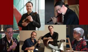 Five performers of Crescendo's ensembles with their instruments, Edson Scheid, violin, Rodrigo Tarraza, traverso, Gonzalo Cortés, quena, Carlos Boltes and Scott Hill, charango, Christine Gevert, harpsichord and direction