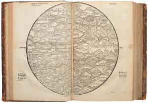 Lot #2, published in 1543, contains rare medieval woodcut maps of the ancient world and Holy Land. It’s a complete edition of the rare and popular Mer des Histoires, a French translation of the world history, Rudimentum Novitiorum, first published in 1475.