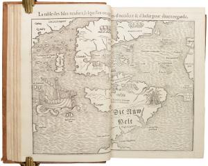 Lot #3 is a complete edition of the Cosmographia by Sebastian Munster, with over 100 maps and views, published in 1560. This French edition includes maps of the world, the ancient world, the four continents, eight regional maps, plus over 1,000 woodcuts.