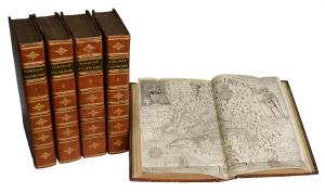 Lot # 4 is Purchas His Pilgrims, published 1625-1626 and an important five-volume collection of voyages with 88 maps, created by Samuel Purchas, an English cleric.