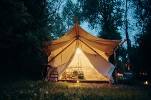 Echo Island glamping tent at night