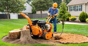 tree care professional operating a stump grinder