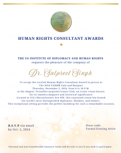 USIDHR Selects Sikh American Dr. Satpreet Singh for Distinguished Human Rights Consultant Award