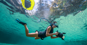 Kimber Greenwood from Waterbear Photography uses a BLU3 battery-powered dive system for underwater photography, capturing marine life and underwater environments. The lightweight BLU3 system allows for easy mobility and extended diving sessions.