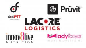 Logos of LaCore Logistics and its partners dotFIT, Prüvit, Innov8tive Nutrition, and LadyBoss, representing their collaborative effort in donating nutritional supplements to the North Texas Food Bank.