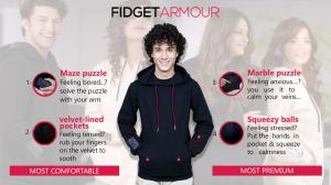 Fidget Armour hoodie featuring built-in stress-relief tools, including a maze puzzle, velvet-lined pockets, marble puzzle, and squeezy balls to help manage stress, anxiety, and tension.