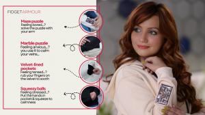 "Fidget Armour hoodie with built-in stress-relief tools including a maze puzzle on the sleeve, marble puzzle, velvet-lined pockets, and squeezy balls for managing stress and anxiety.