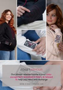 Collage of Fidget Armour stress-relief hoodie showcasing soft, breathable fabric, maze puzzle on the sleeve, and calming features, designed to help relax and recharge."