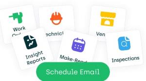 Icons representing maintenance tasks including work orders, technicians, vendors, insight reports, make-ready, and inspections with a 'Schedule Email' button.