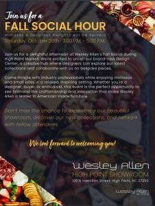 To celebrate their new Design Center, Wesley Allen is hosting a special Social Hour, on Saturday October 26th, from 3-5pm in their 100 N Hamilton showroom which boasts over 14,000 sq-ft of design innovation.