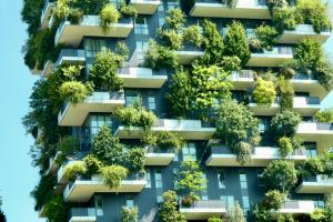 Skyscraper with trees on balconies