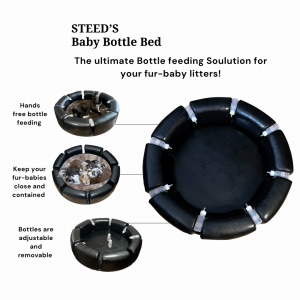 STEED’s Baby Bottle Bed: The ultimate bottle-feeding solution for your fur-babies. The image shows a circular bed with adjustable and removable baby bottles attached, designed to feed multiple pets at once. Inset photos display close-ups of the bottle att