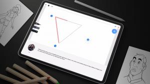 iPad screen displaying Drawing Desk Masterclasses on-screen lesson guides, featuring text and audio instructions for a comprehensive learning experience