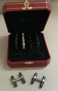 Set of Cartier gemstone gold interchangeable bar cufflinks in malachite, lapis and more, with the original box (est. $4,000-$7,500).