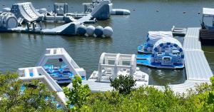 The inflatable islands docked and ready for families to sail off.