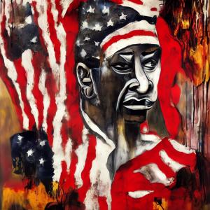 This is the cover of Inglewood Social Club's American Rhapsody album. It features a man of indeterminate race wrapped in an American flag while the background of US flags melts like a Dali painting.