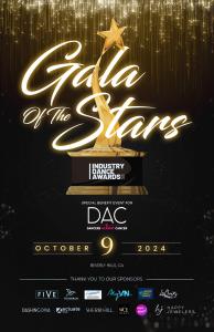 Official event poster for the 2024 Industry Dance Awards Gala of the Stars held on October 9, 2024, in Beverly Hills, CA, showcasing sponsor logos including Dashing Diva, Actuate Law, Sherri Hill, and more, highlighting its role as a major fundraiser for