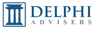 Blue Greek pillars on the left followed by the word Delphi in large blue font above the word advisors in smaller grey font.