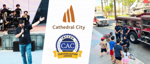 Collage of a person speaking at an event, Cathedral City and IBCCES Certified Autism Center™ seal, kids with firefighters.