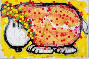 Acrylic on paper by Tom Everhart (American, b. 1951), titled Does This Make Me Look Fat No. 11 (2005), signed in ink, dated lower right, in a 44 inch by 66 inch frame (est. $4,000-$7,000).