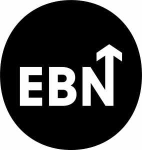 The EBN logo in black and white, featuring the letters 'EBN' inside a slightly oval circle. A bold, upward arrow shoots from the letter 'N,' symbolizing leadership, direction, and the rebellious spirit of challenging the status quo, reflecting EBN's no-no