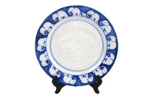 Three Dedham Pottery plates (Massachusetts, 1896-1943), comprising a 9 3/4" Tapestry Lion, a 10" Elephant (shown) and a 9 3/4" Birds in Potted Orange Tree.