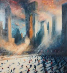 Oil on canvas painting by Bill Jacklin, R.A. (American, b. 1943), titled Ice skaters III, Central Park (Wollman Rink), 1989, 78 inches by 72 inches (est. $25,000-$35,000).