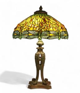 Circa 1910 Tiffany Studios leaded glass and patinated bronze 'Drop-Head Dragonfly' table lamp (est. $40,000-$60,000).