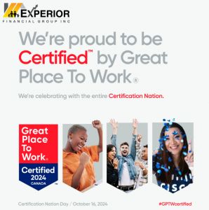 Banner showcasing Experior as Great Place To Work Certified in 2024, along with 3 happy people celebrating. Image also states that Certification Nation day is October 16, 2024