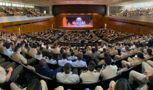 Former Secretary of Defense Leon Panetta spoke to more than 1,300 students, faculty and staff in a packed King Hall auditorium at the Naval Postgraduate School (NPS).