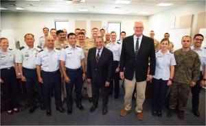 Former Secretary of Defense Leon Panetta met with and answered questions from students in the Naval Postgraduate School (NPS) Department of Defense Analysis Command and Leadership course (DA 3900) taught by retired U.S. Army Lt. Gen. Eric Wendt at NPS.