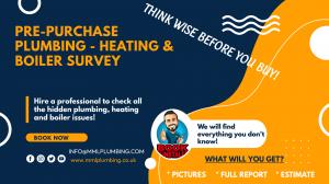 This is a marketing picture about mml plumbing's pre purchase survey details and contact infos