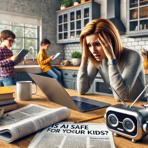 A concerned mother looking at a laptop with a headline "Is AI Safe for Your Kids?" as her children use tablets in the background, representing the growing challenge of managing children's AI use.