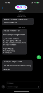 A modified screenshot of an AvBuzz SMS interaction on a mobile phone. The message includes a business aviation news update, followed by a Thursday poll asking recipients to choose their preferred fuel uplift planning method from four options: in-house ana