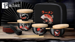 Japanese ramen bowl set with four ceramic ramen bowls, four matching side plates, four soup spoons, four pairs of bamboo chopsticks, and an insulated carrying case.