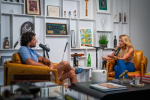 Jane Slater talks with Alex Perry during a taping of the Alex Perry On Fire podcast.