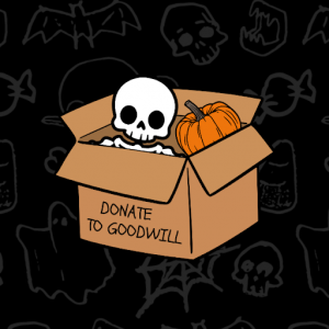 A drawing depicts a fake skeleton and pumpkin in a cardboard box